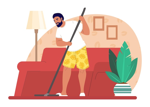 Homem lavando chão com esfregão ilustração vetorial tarefas domésticas limpeza tarefas domésticas tarefas domésticas