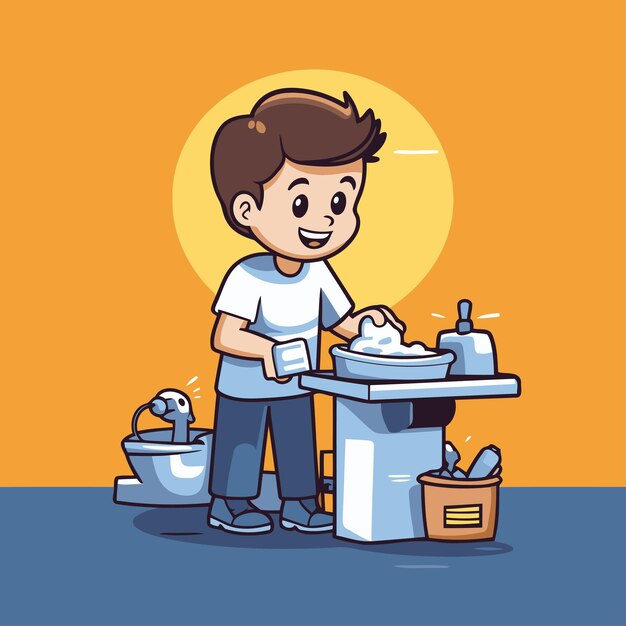 Vetor homem lavando roupas no banheiro ilustração vetorial em estilo de desenho animado