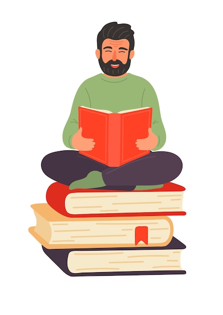 Homem lê o livro cara sentado na pilha de livros conceito de literatura da biblioteca educacional