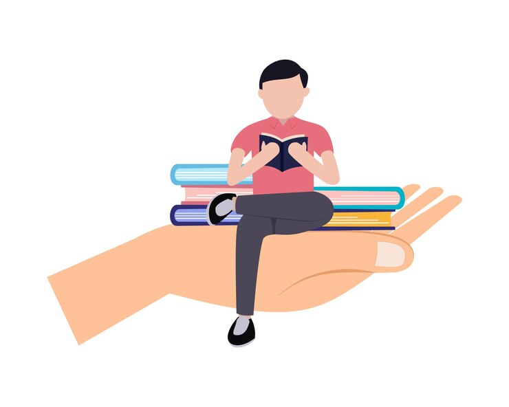 Vetor homem lendo um livro sobre mão gigante leia um livro lendo conceito de livro dia mundial do livro