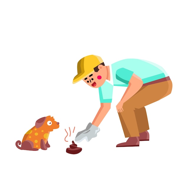 Homem limpando depois de animal de cachorro no parque vector. rapaz limpar depois de cão doméstico animal de estimação ao ar livre e jogando o saco com resíduos de cocô na lata de lixo pública. ilustração de personagem plana dos desenhos animados