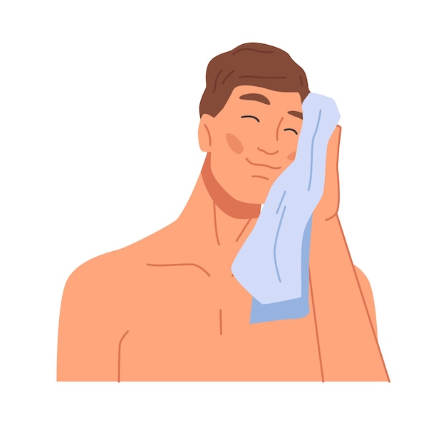 Vetor homem limpando o rosto com toalha após a lavagem