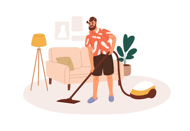 Homem maduro limpando a casa. pessoa limpa carpete, chão com aspirador de pó no interior da sala de estar. personagem masculino durante as tarefas domésticas, tarefas domésticas. ilustração em vetor plana isolada no fundo branco.