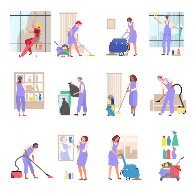 Homem mais novo limpo, trabalho das mulheres de limpo com escova, pano na mão desenhada isolado no branco.
