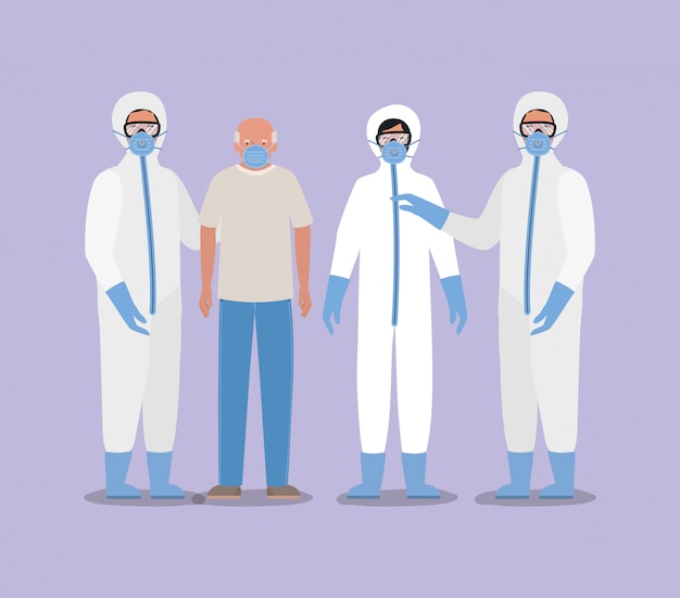 Homem mais velho com máscara e médicos com roupas de proteção contra o projeto Covid 19
