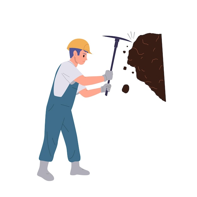 Vetor homem minerador personagem de desenho animado cavando carvão da rocha usando picada isolado em fundo branco