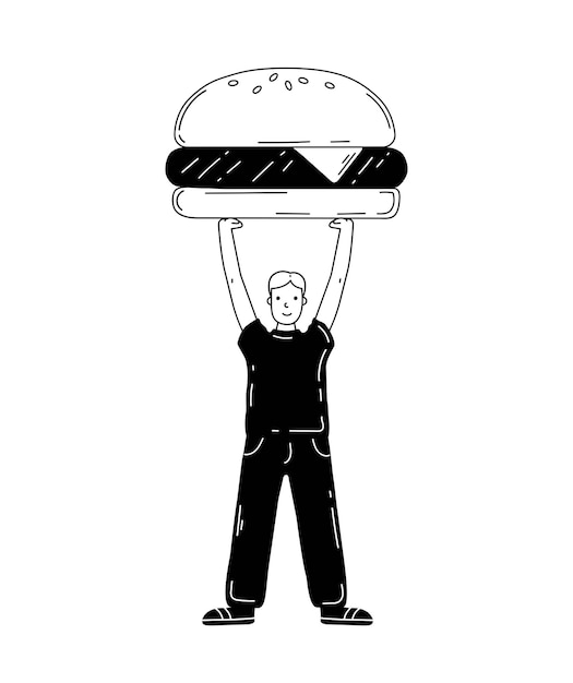 Homem minúsculo com um hambúrguer enorme Um homem pequeno está segurando um cheeseburger grande Conceito para fast food