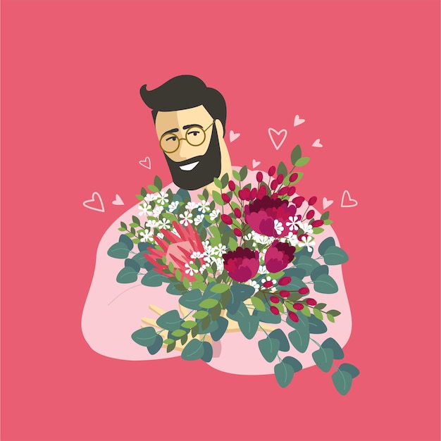 Homem moderno com flores ilustração para celebração para o aniversário do dia das mães dia dos namorados