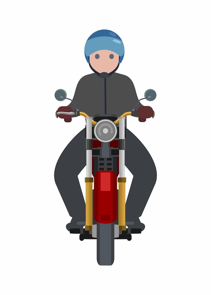 Vetor homem montando motocicleta vista frontal ilustração plana simples