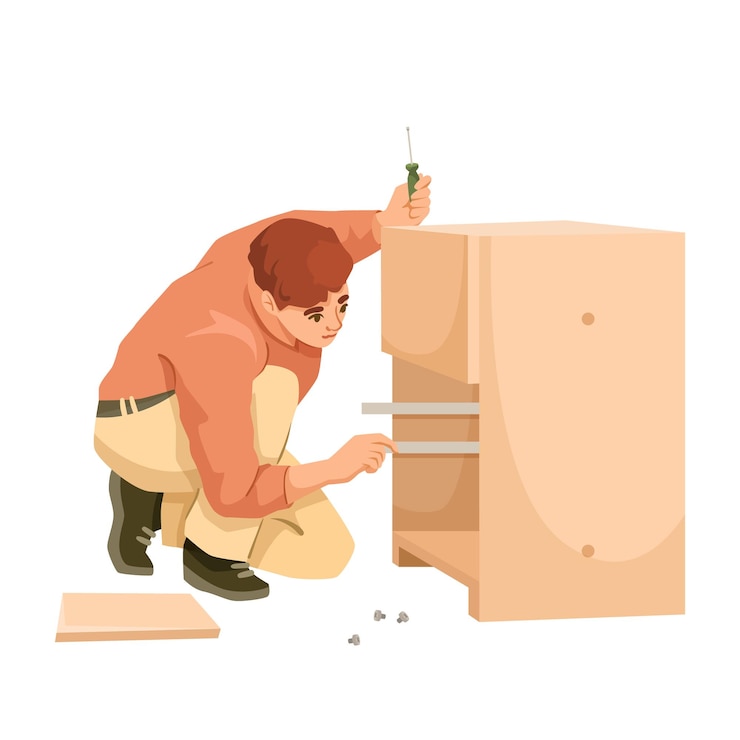 Vetor homem montando móveis em casa para um projeto diy ilustração vetorial