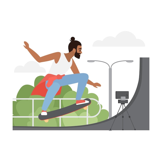 Homem montando skate para fazer conteúdo para esportes e blog de estilo de rua com câmera em tripé