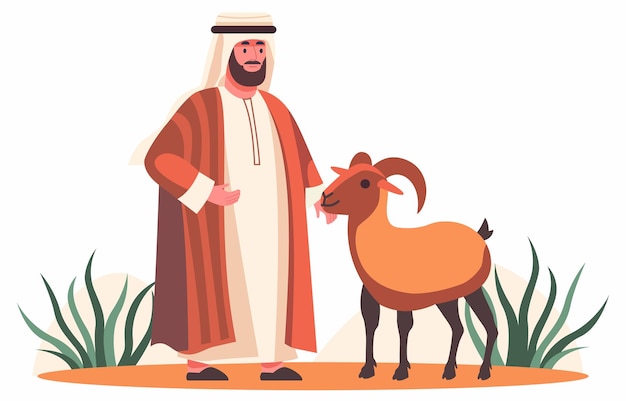 Vetor homem muçulmano árabe islâmico com ovelha e cabra na celebração do eid al adha