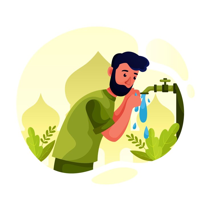 Vetor homem muçulmano fazendo (wudhu) ablução, menino leva água para lavar a mão. vetor de ilustração plana de desenho animado