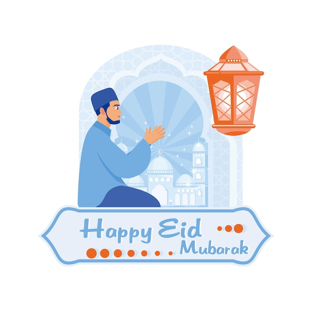 Homem muçulmano realiza oração Ore a Deus Feliz Eid Mubarak conceito Ilustração vetorial plana