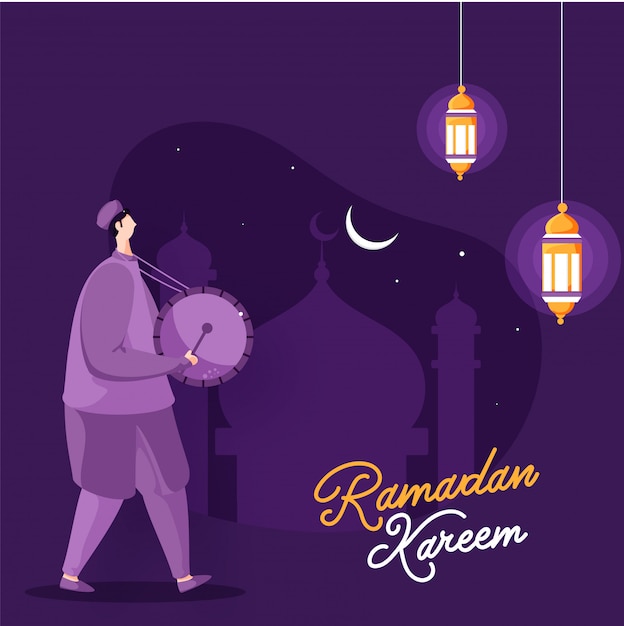 Homem muçulmano tocando bateria para o mês sagrado do ramadan kareem, lanternas iluminadas, mesquita e lua crescente de suspensão.