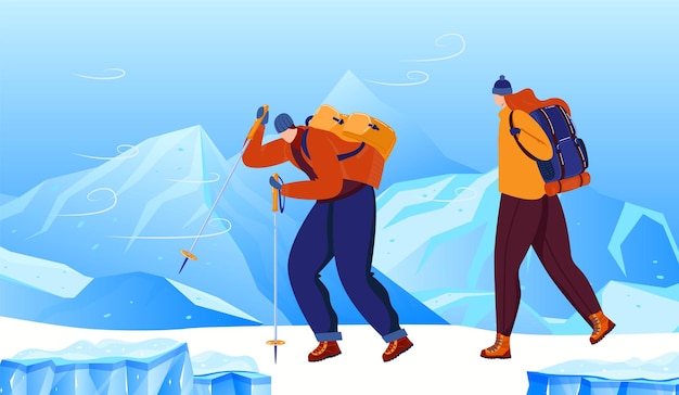 Homem mulher caminhando na montanha de inverno ilustração vetorial casal feliz personagem em esporte de aventura em paisagem natural com neve