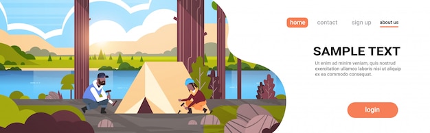 homem mulher hikers campistas instalar uma barraca preparando-se para acampar caminhadas conceito sunrise paisagem rio montanhas horizontal fundo espaço comprimento total da cópia