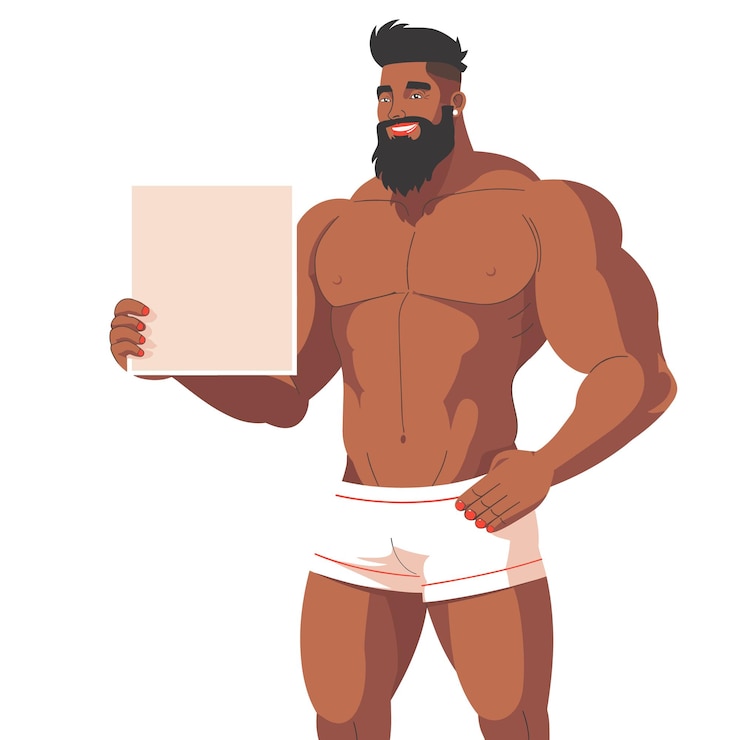 Homem musculoso apresentando papel em branco Africano americano sorridente modelo de fitness cartão Bodybuilder