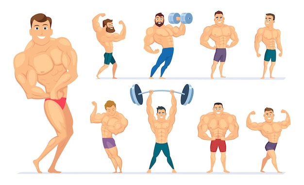 Vetor homem musculoso. personagens de ginásio esporte pessoas fazendo exercícios fisiculturistas posando atletas musculosos. vector body fitness, ilustração de pose saudável de musculação