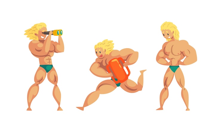 Vetor homem musculoso salva-vidas de praia garantindo a segurança personagem de resgate profissional em ação set de ilustração vetorial de desenhos animados