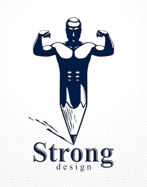 Homem musculoso strongman combinado com lápis em um símbolo, conceito de design forte, alegoria de poder criativo, logotipo ou ícone de estilo clássico perfeito de vetor.