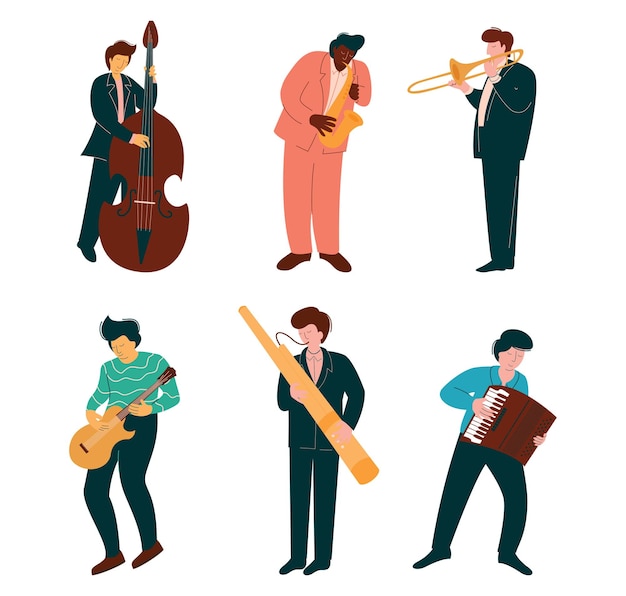 Homem músico tocando um instrumento musical executando em um conjunto de vetores de palco