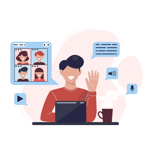 Homem na área de trabalho conversando com amigos online Pessoas conversando online Negociações online
