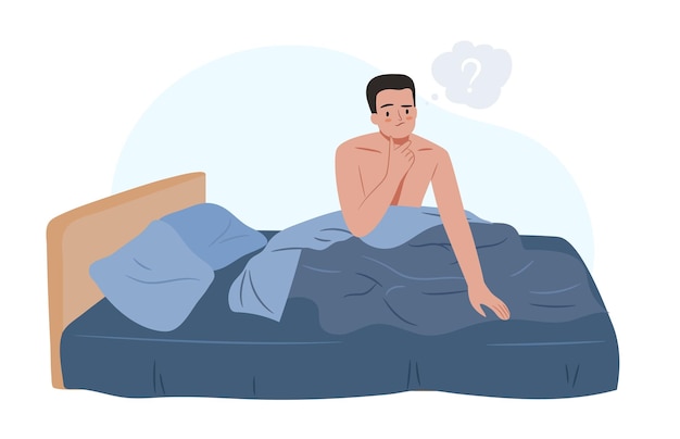 Homem na cama de manhã pensando em algo. ilustração em vetor plana cara com sono.