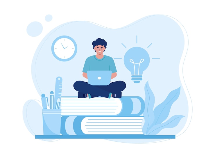 Vetor homem na frente de um laptop sentado em um livro conceito de aprendizagem on-line ilustração plana