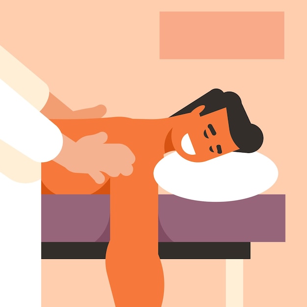 Homem na mesa de massagem estilo cartoon isolado em fundo transparente