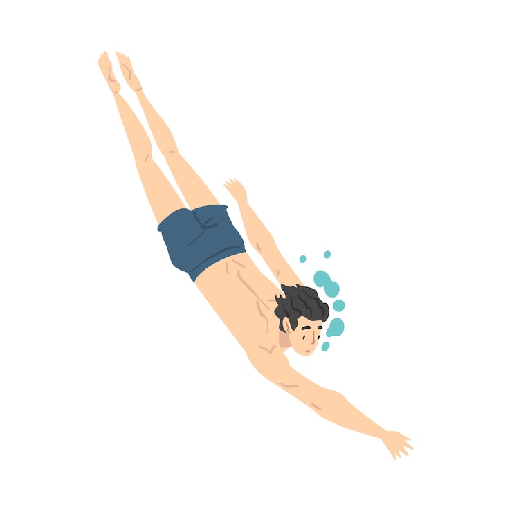 Vetor homem na piscina, homem de fato de banho realizando atividades aquáticas, natação aquática, esporte, vetor de estilo de desenho animado.