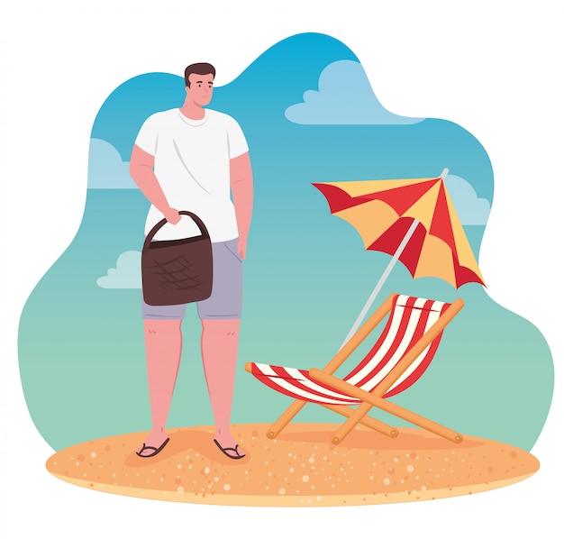 Vetor homem na praia, cara feliz com cadeira praia e guarda-chuva, temporada de férias de verão