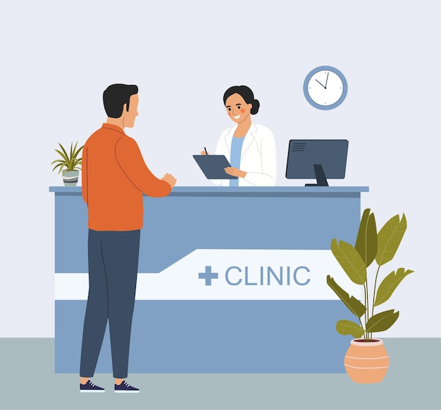 Homem na recepção no interior do hospital. Ilustração em vetor estilo simples dos desenhos animados.