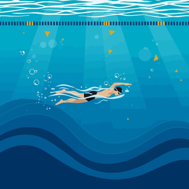 Homem nadando estilo livre na piscina Ilustração subaquática com luz solar