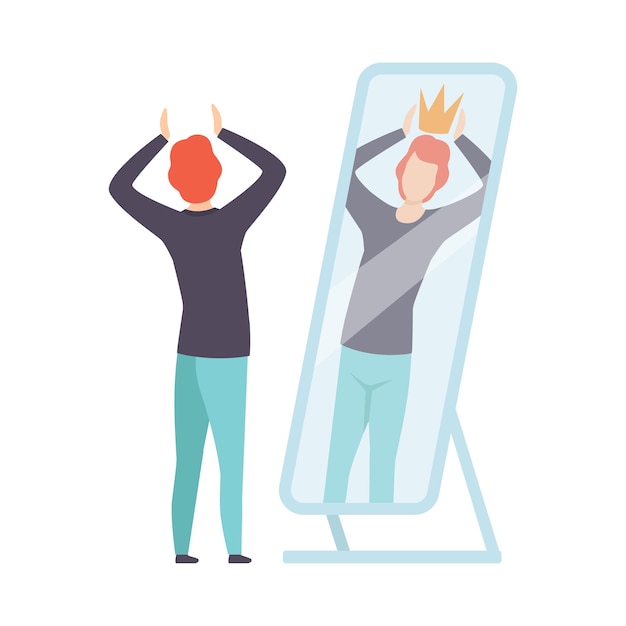 Homem narcisista personagem olhando para o espelho e vendo em reflexo de si mesmo com coroa na cabeça pessoa superestimar a si mesma confiança em si mesma motivação ilustração vetorial em fundo branco
