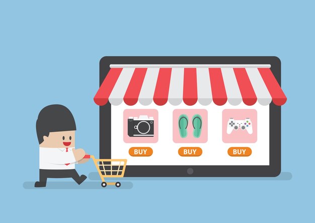 Homem negócios, com, carrinho de compras, frente, loja online