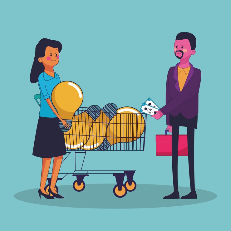 Vetor homem negócios, idéias compra, para, mulher negócio, vetorial, ilustração, gráfico, desenho