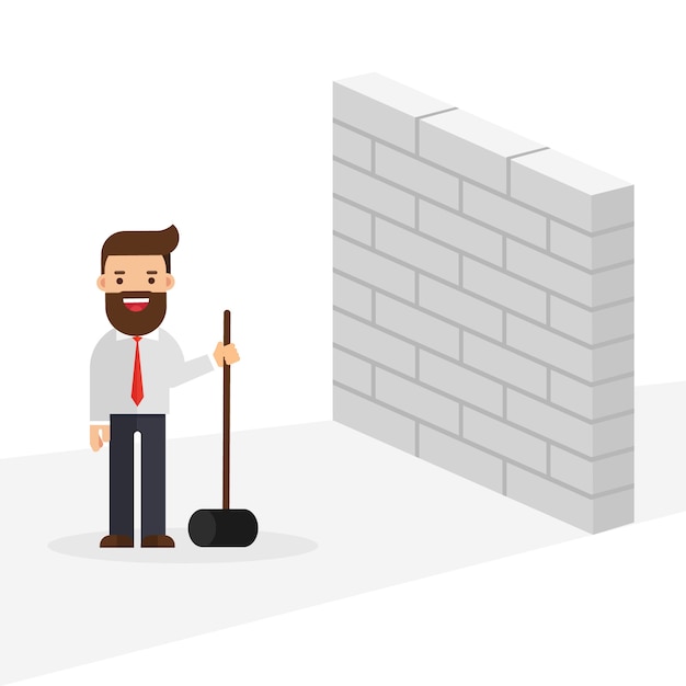 Homem negócios, parede quebrando, com, martelo