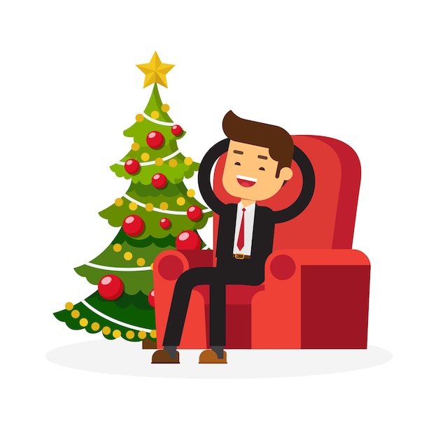 Homem negócios, relaxe, perto, árvore natal