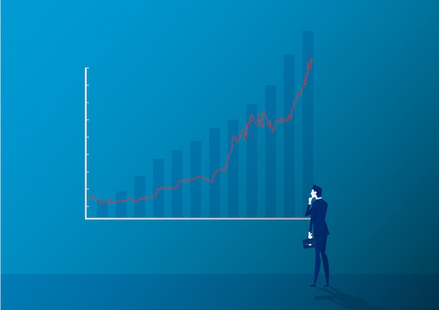 Homem negócios, vista traseira, ficar, olhar, vara bandeira, gráfico, mercado conservado estoque, ilustração