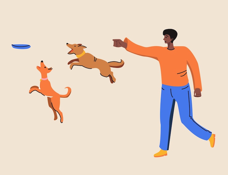 Vetor homem negro brincando com uma ilustração vetorial plana de cor de cães