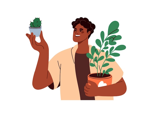Homem negro feliz segurando plantas nas mãos Pessoa sorridente com vasos de flores Personagem crescendo planta de casa de folhas verdes e cactus Hobby de botânica Ilustração vetorial plana isolada em fundo branco
