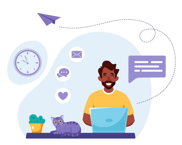 Homem negro trabalhando no laptop. Freelance, trabalho remoto