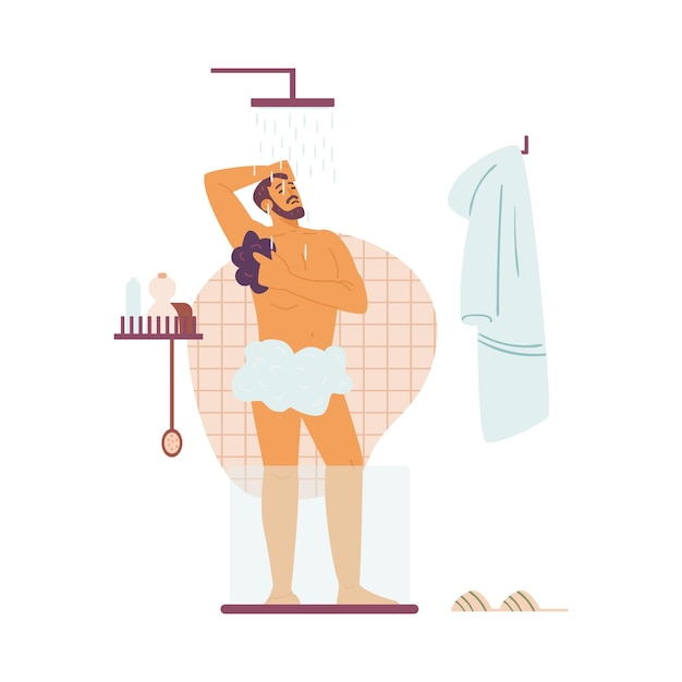 Homem no banho lavando o corpo. ilustração em vetor plana isolada no branco