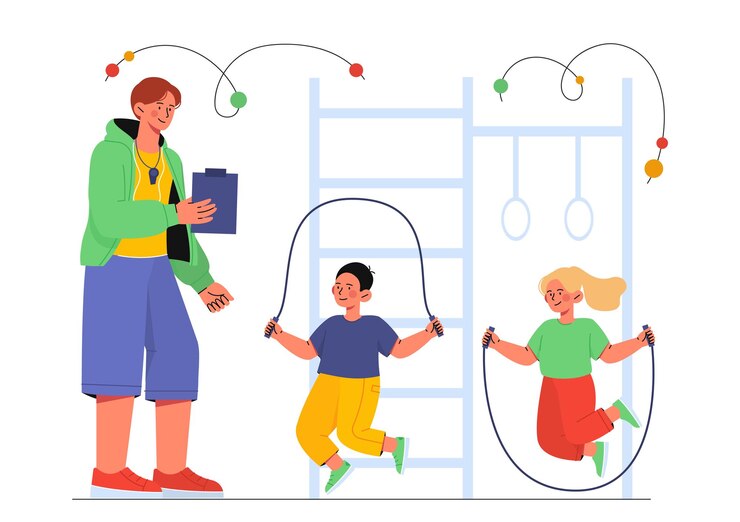 Vetor homem no conceito de classe esportiva, jovem com bloco de notas com treinador de meninos e meninas com crianças com