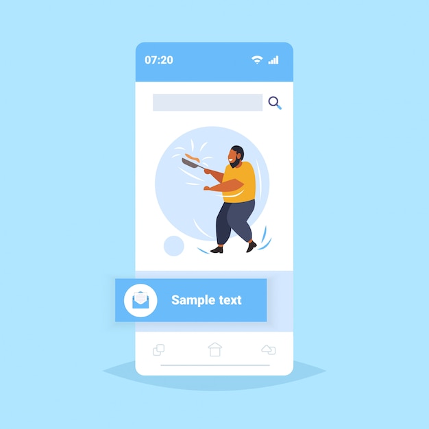 Homem obeso cozinhar panquecas na frigideira conceito insalubre obesidade obesidade afro-americano cara preparar café da manhã tela móvel app móvel
