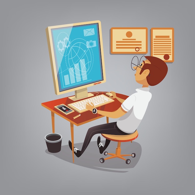 Homem ocupado trabalhando com computador em ilustração vetorial de conceito de negócio de escritório em estilo cartoon manag ...
