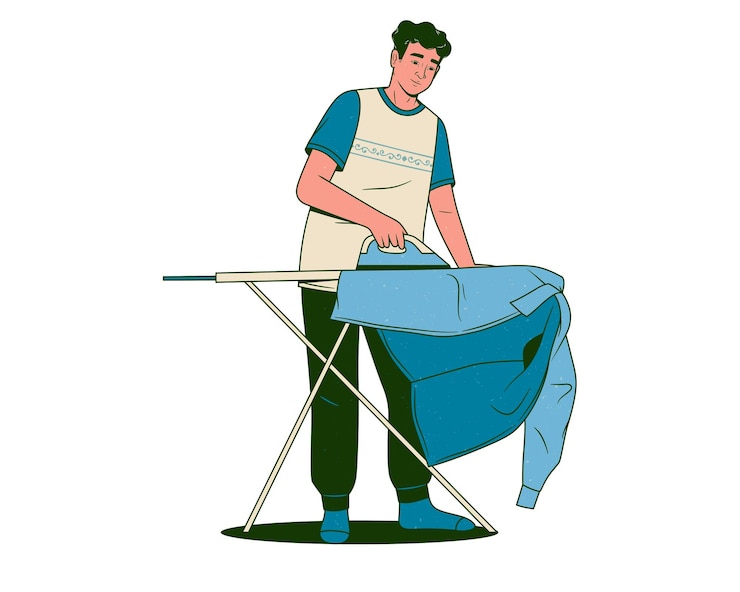 Vetor homem passando roupas na tábua de passar ilustração vetorial plana