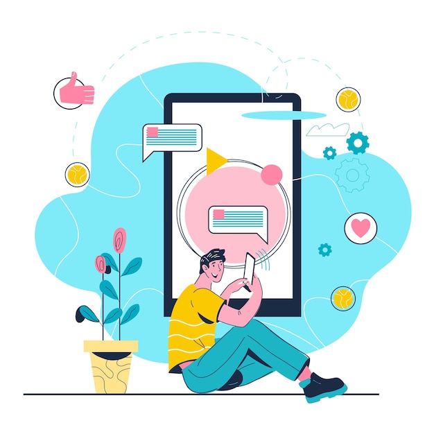 Homem perto de grande smartphone conversando lendo notícias e mensagens de texto para amigos Comunicação online e usabilidade de smartphone ilustração vetorial plana dos desenhos animados isolada no fundo branco