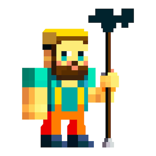 Homem pixelado em uniforme de trabalho e com um bastão na mão personagem do jogo de 8 bits